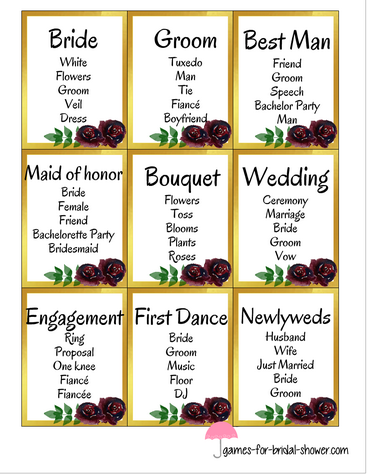 Bridal Shower Taboo Game Cards in Gold Color