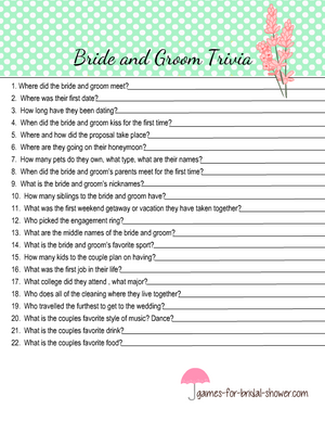 Bride and groom trivia printable in mint color