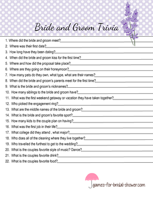 Free printable bride and groom trivia quiz in lilac color