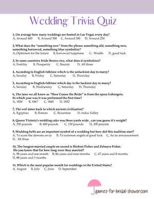 Wedding trivia quiz printable in lilac