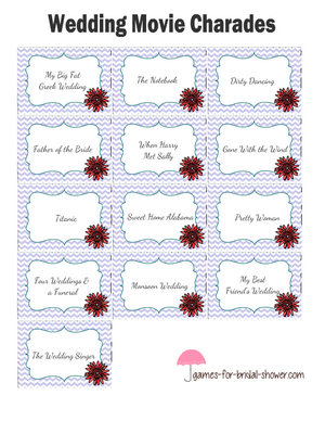 Free printable wedding movies charades in lilac color