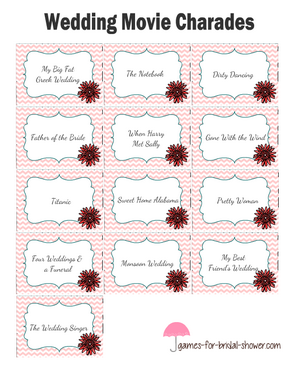 Free printable wedding movies charade cards in pink color
