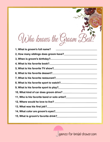 Free printable who knows the groom best game in Pink color