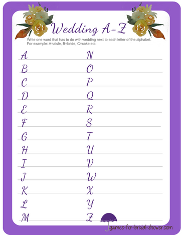 alphabet game for bridal shower in lilac color