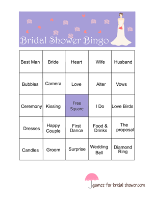 free printable bingo game cards for bridal shower in lilac color
