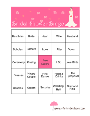 bridal shower bingo game in pink color