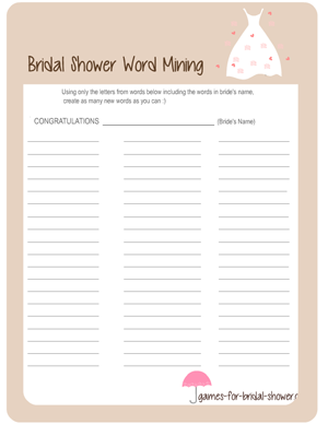 bridal shower word mining game in off-white color