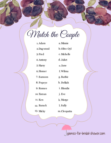 Match the Famous Couple Printable in Lilac Color
