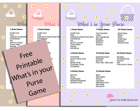 Free Printable What's in Your Purse Bridal Shower Game 