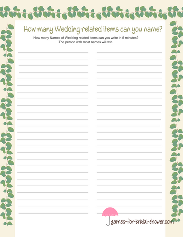 free printable how many wedding related items can you name game