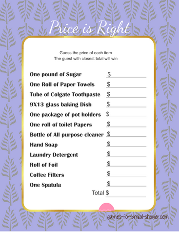 bridal shower price is right game printable in lilac color