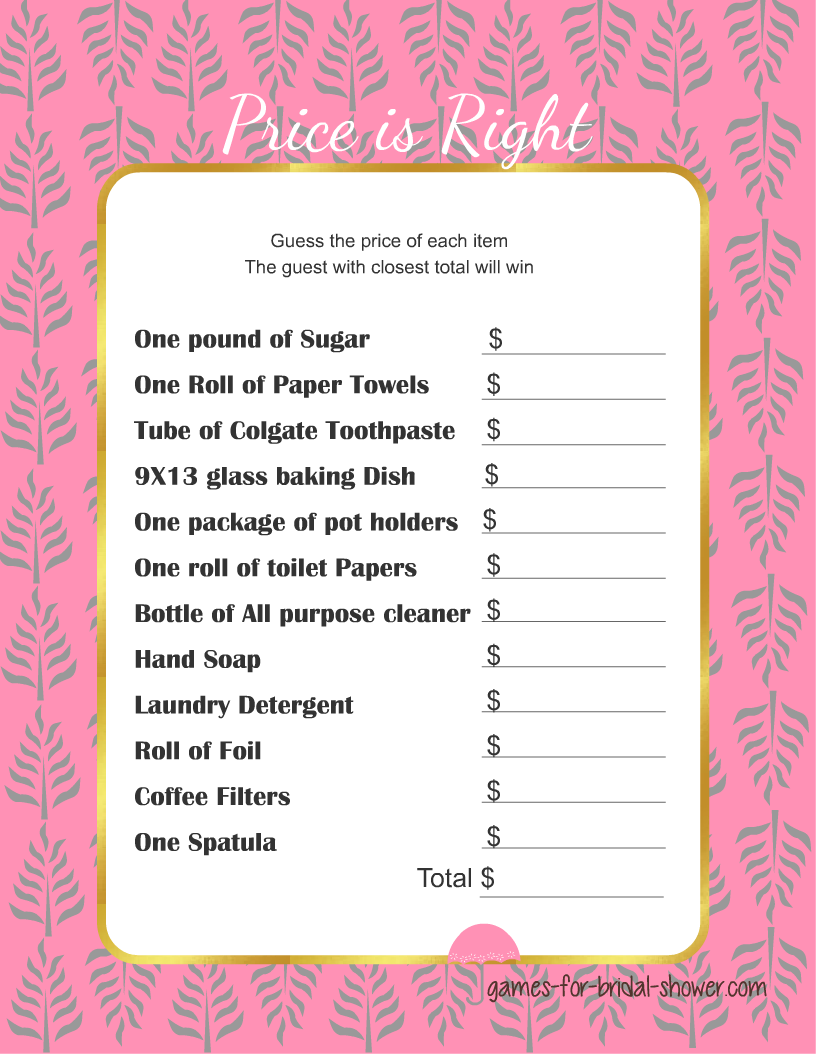 Free Printabel Price Is Right Bridal Shower Game