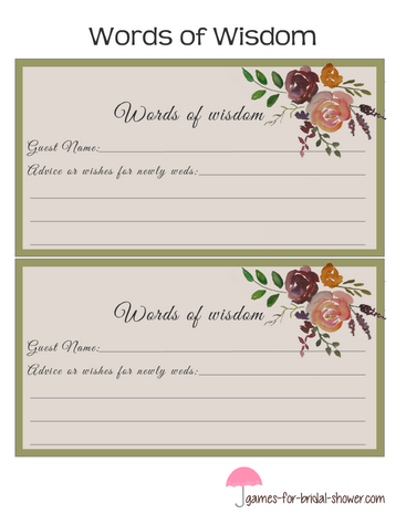 free printable bridal shower words of wisdom cards