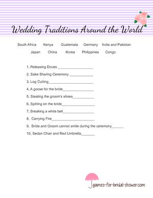 Free Printable wedding traditions around the world game in purple color
