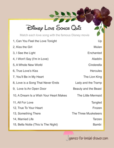 Disney love songs quiz, free printable