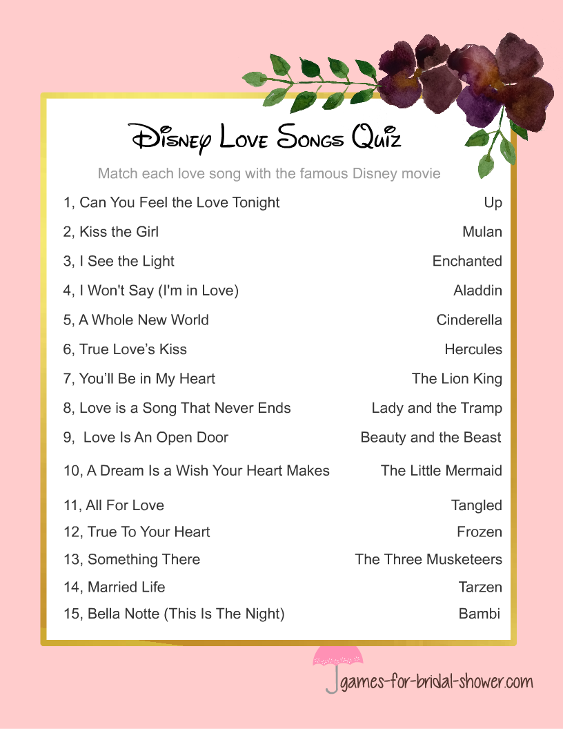 Match The Disney Love Songs Printable Free