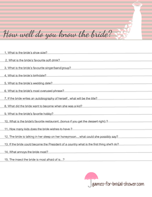 How well do you know the bride printable in pink color