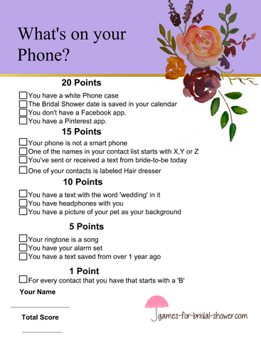 What's in your phone bridal shower game in lilac color