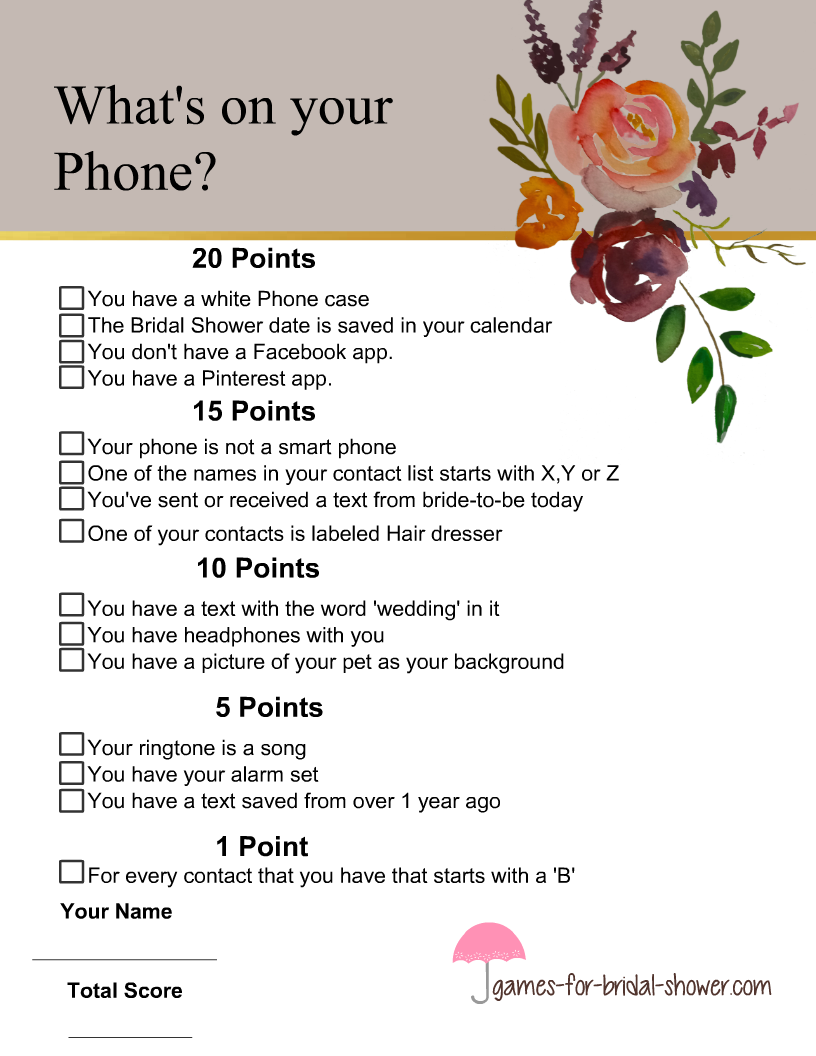 What S On Your Phone Bridal Shower Game Free Printable