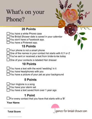 What's in your phone bridal shower game in taupe color