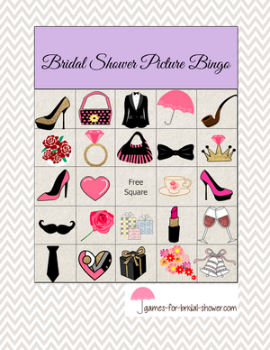 Bridal shower picture bingo printable game in lilac