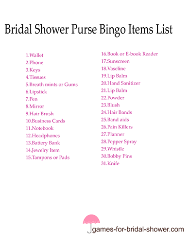 Free Printable Bridal Shower Purse Bingo Items List 