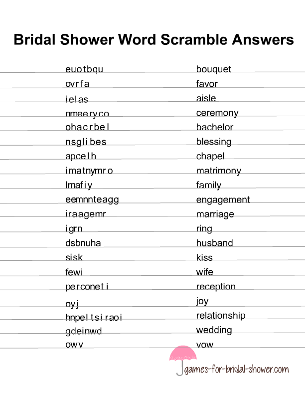 Free Printable Bridal Shower Word Scramble Game