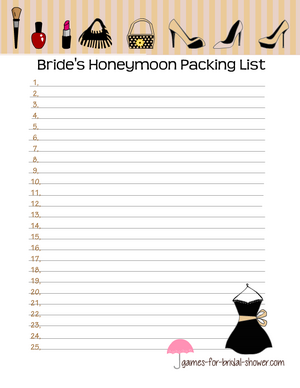 Free printable bride's honeymoon packing list game