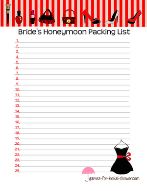 Bride's honeymoon packing list game printable in red