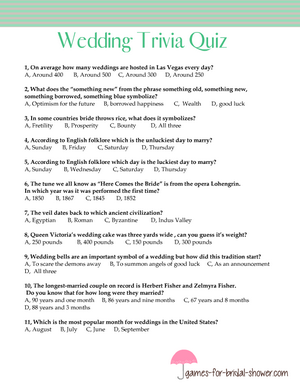 Free printable wedding trivia quiz in mint color