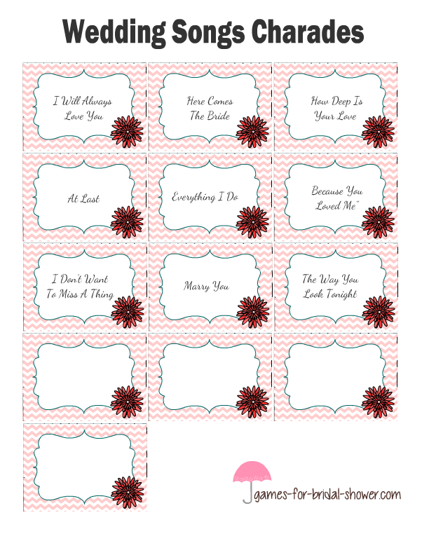 Free Printable Wedding Songs Charades Cards