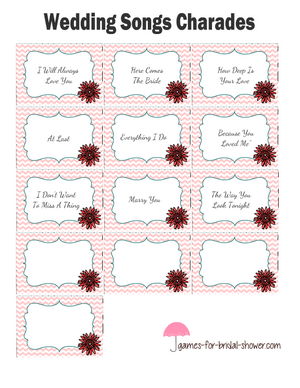 Free printable wedding songs charade cards in pink color