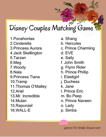 Free Printable Match the Disney Couple Game 