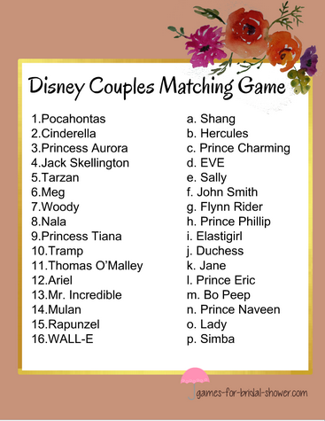 Free Printable Match the Disney Couple Game