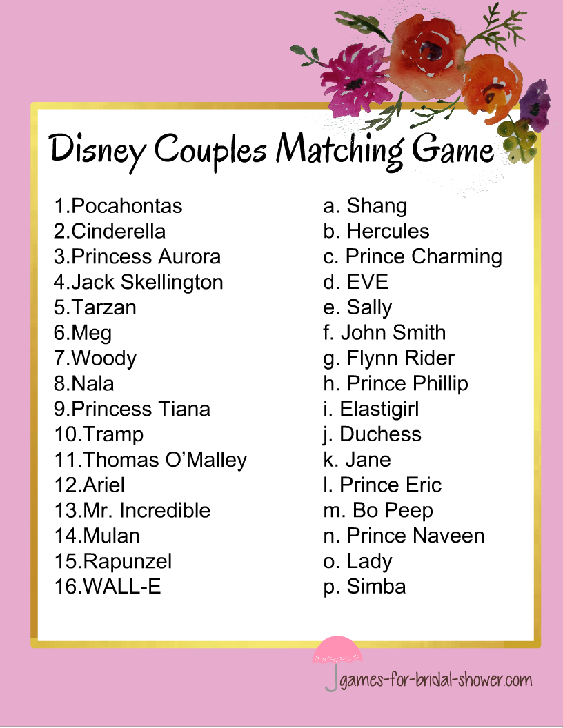 Free Printable Match the Disney Couple Game
