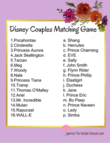 Match the Disney Couple Game Printable