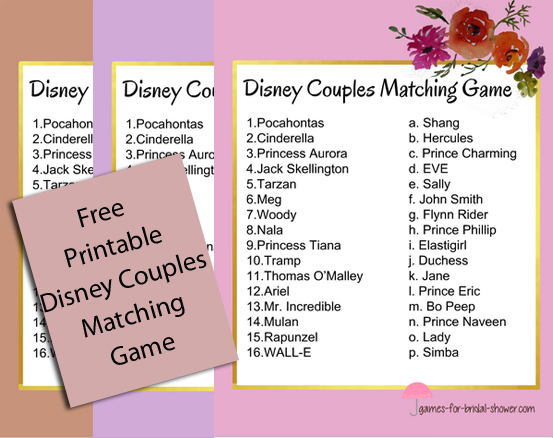 Free Printable Match the Disney Couple Game 