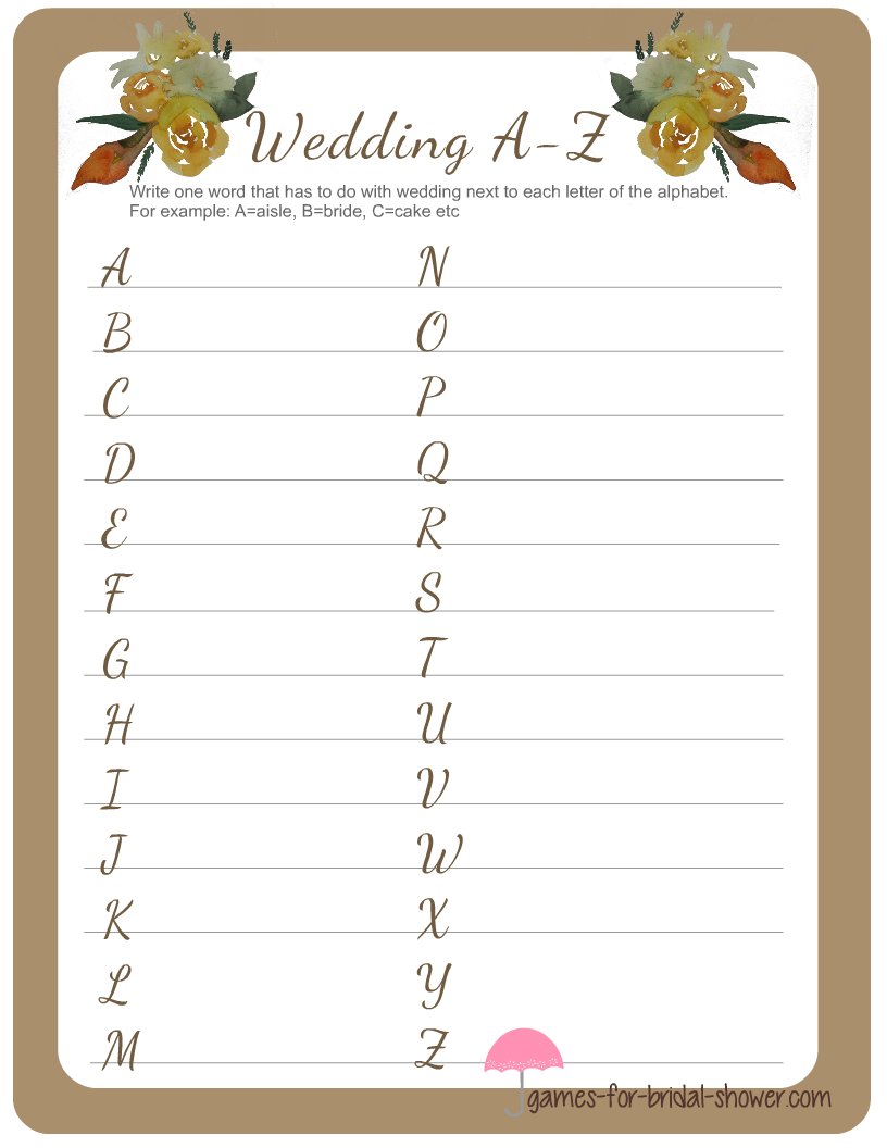 Wedding A Z Game Printable For Bridal Shower