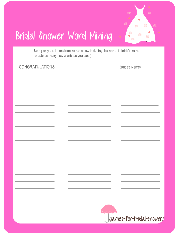 Free Printable Bridal Shower Word Mining Game