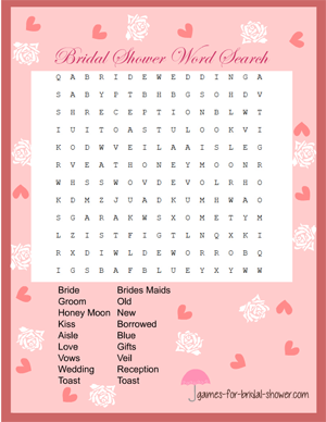 word search game for bridal shower in pink color