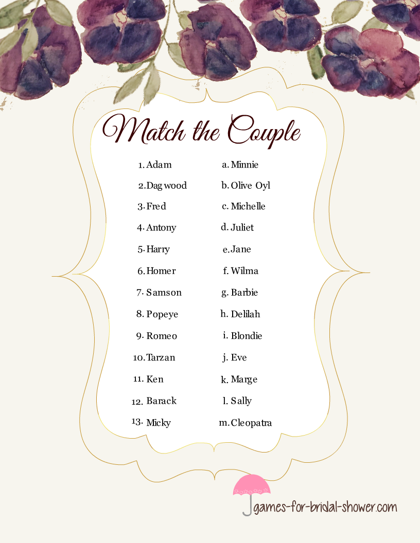 Free Printable Match The Famous Couple Game