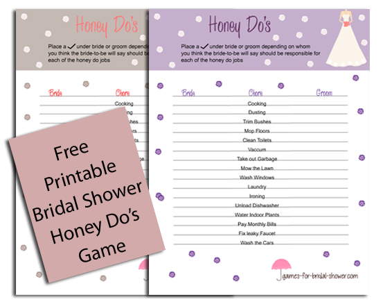 Free Printable Bridal Shower Honey Do's Game