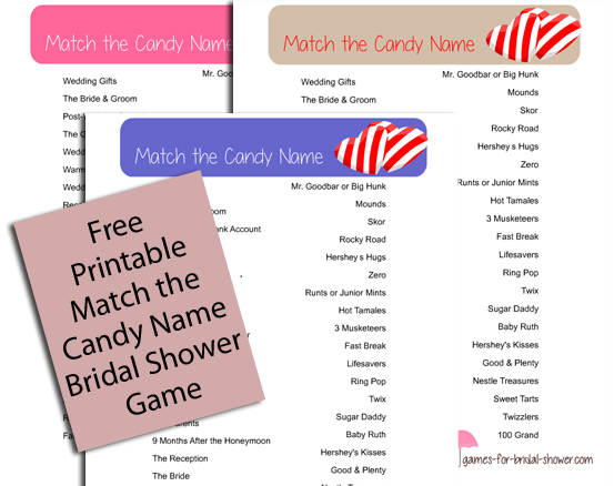 Free Printable Match the Candy Name Bridal Shower Game
