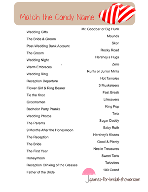 free printable match the candy name, bridal shower game
