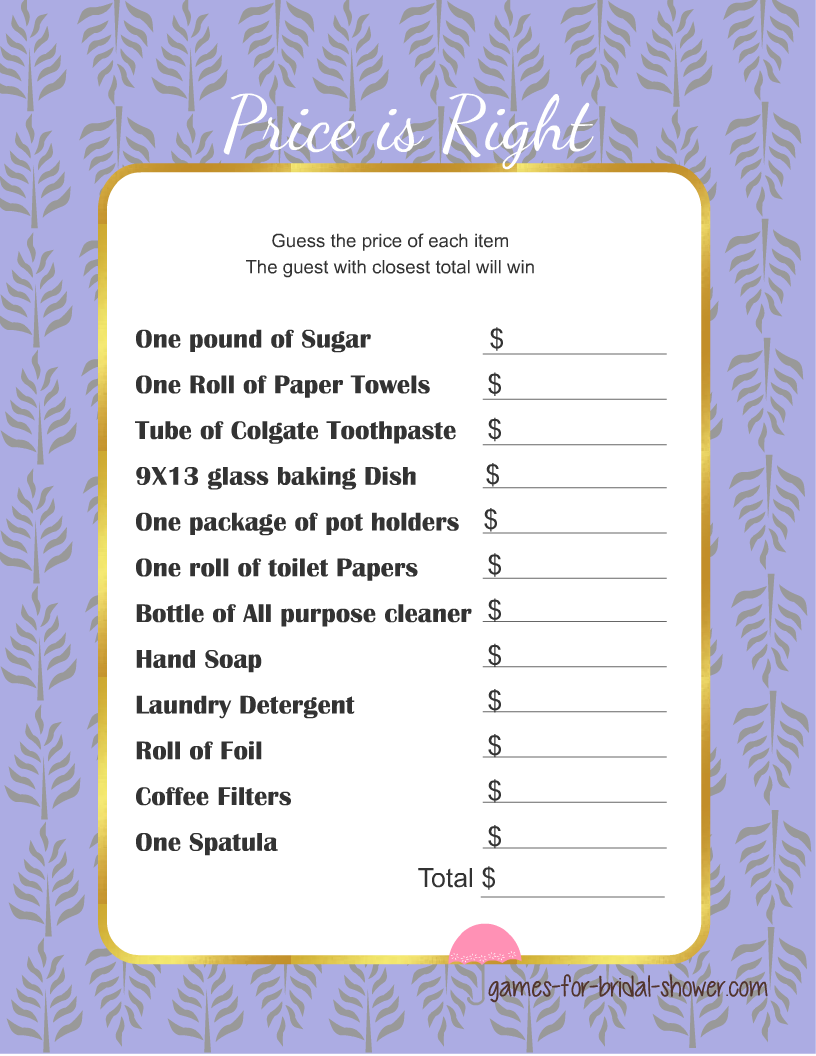 Free Printabel Price is Right Bridal Shower Game