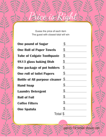 free printable price is right game for bridal shower in pink color