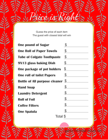 Free Printabel Price is Right Bridal Shower Game