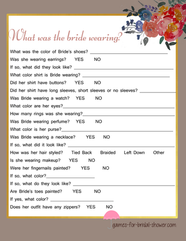 what was the bride wearing game printable