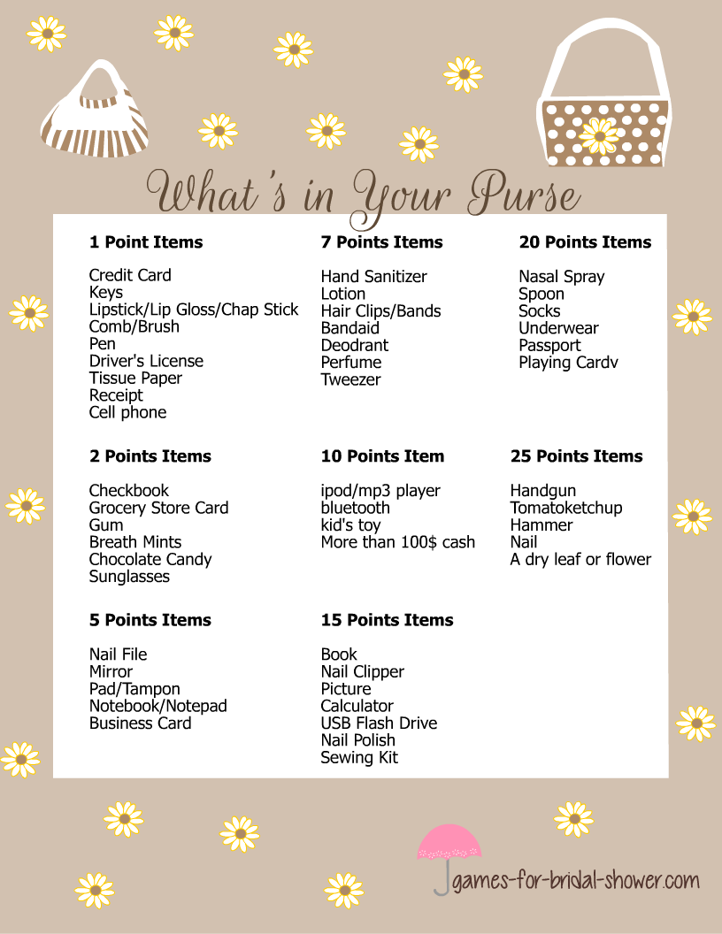 Free Printable Bridal Shower Games What S In Your Purse