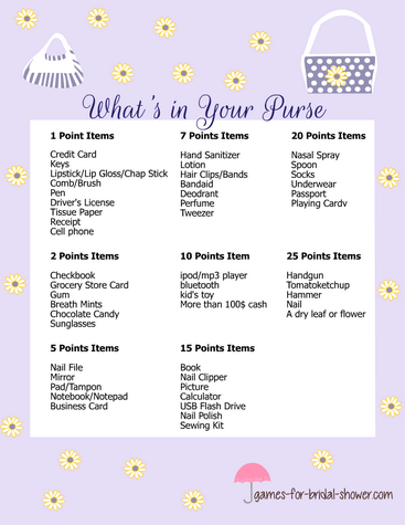 what's in your purse game printable in lilac color